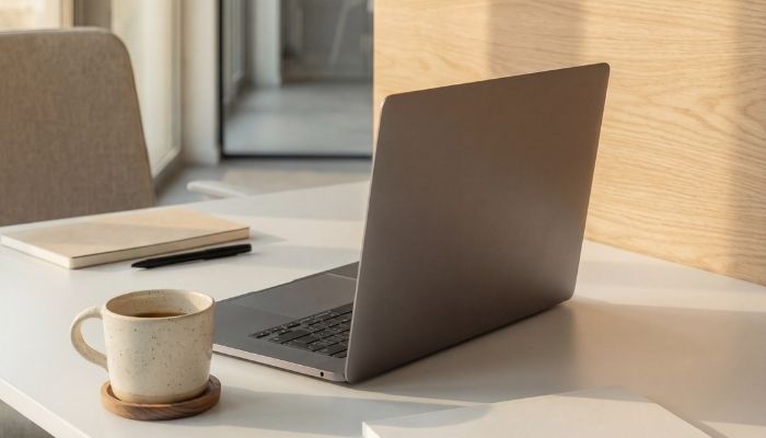 Aufgeklappter Laptop mit Kaffeetasse auf einem hellen Arbeitsplatz am Fenster im Coworking Space