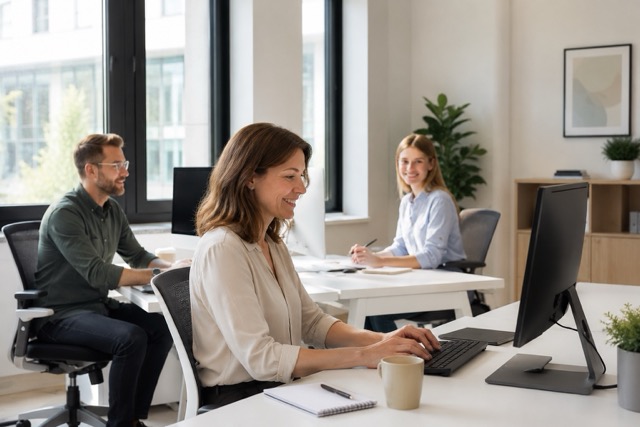 Drei Personen arbeiten gemeinsam an Schreibtischen im hellen Coworking Space von CoWorking SchloHo