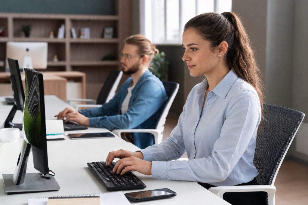 Frau und Mann arbeiten konzentriert an Monitoren im Coworking Space von CoWorking SchloHo