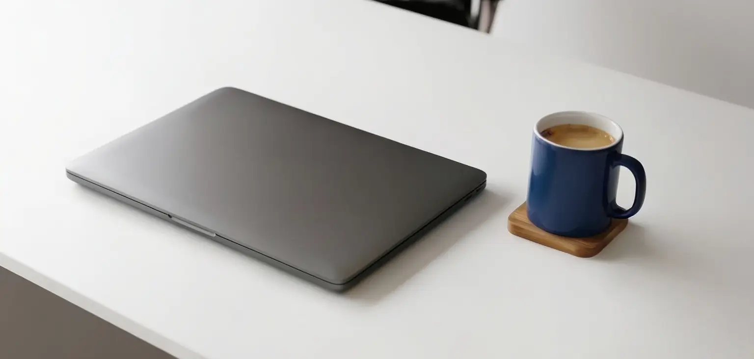 Laptop und Kaffeetasse auf dem Schreibtisch im Einzelbüro bei CoWorking SchloHo